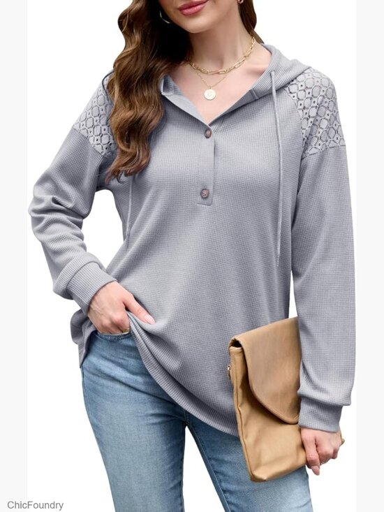 Tops - Waffle Knit Hoodie Oversized Pullover Lace Sleeve Casual Sweatshirt